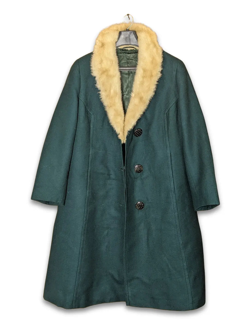 Elegant Emerald Green Long Wool Coat with Cream Faux Fur Collar