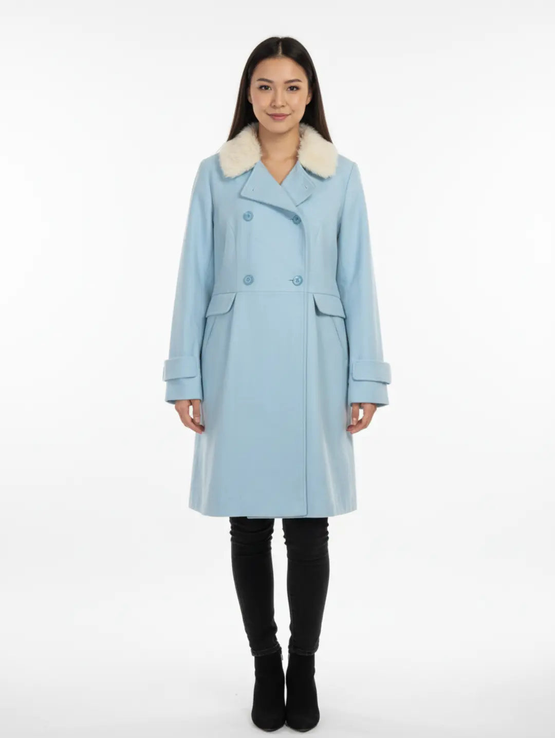 G21 Double-Breasted Women Coat with Faux Fur Collar