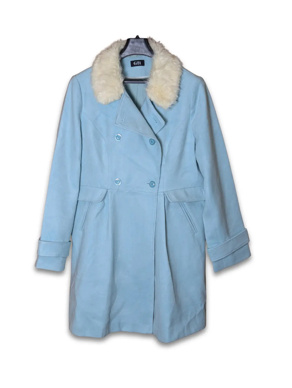 G21 Double-Breasted Women Coat with Faux Fur Collar