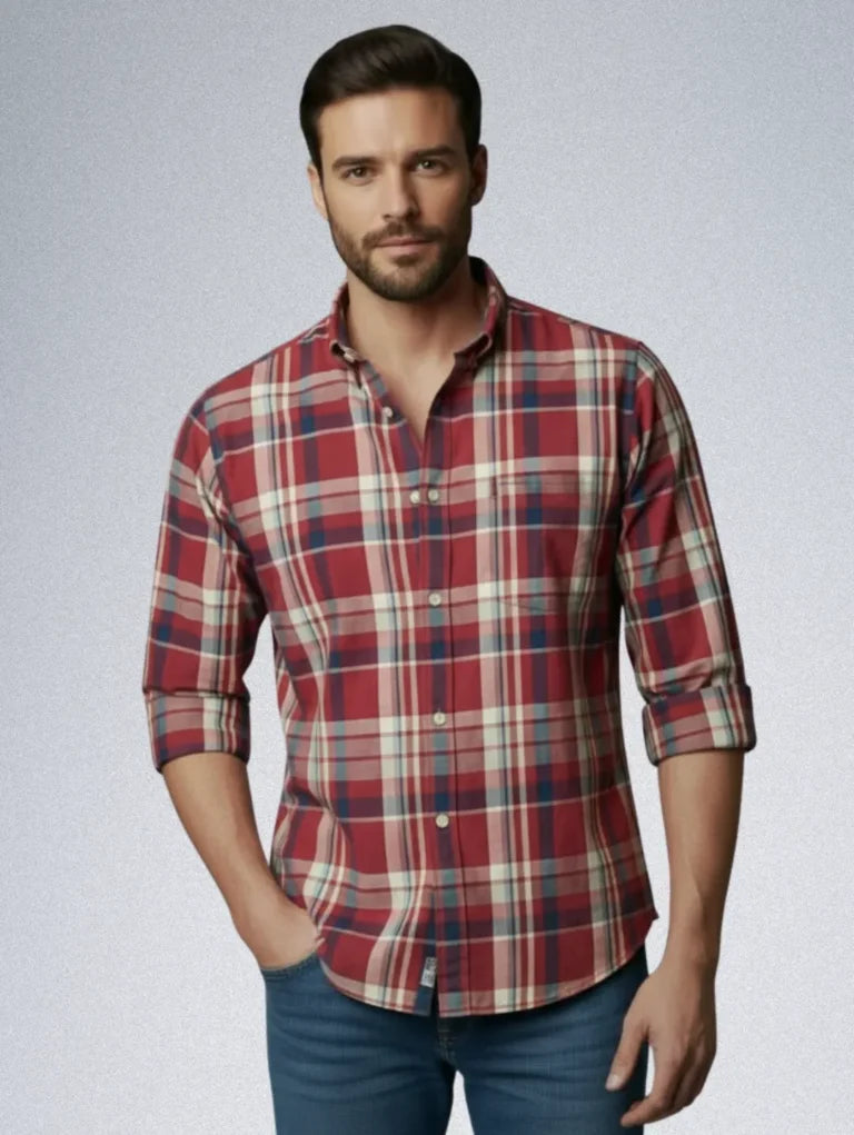 Cortefiel Casual Shirt for Men Red Checked Pattern